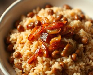 Arroz de Lentilha com Cebola Caramelizada
