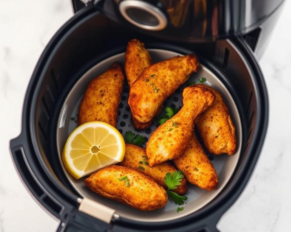 Cozimento saudável de iscas de frango na Airfryer Cozimento saudável de iscas de frango na Airfryer