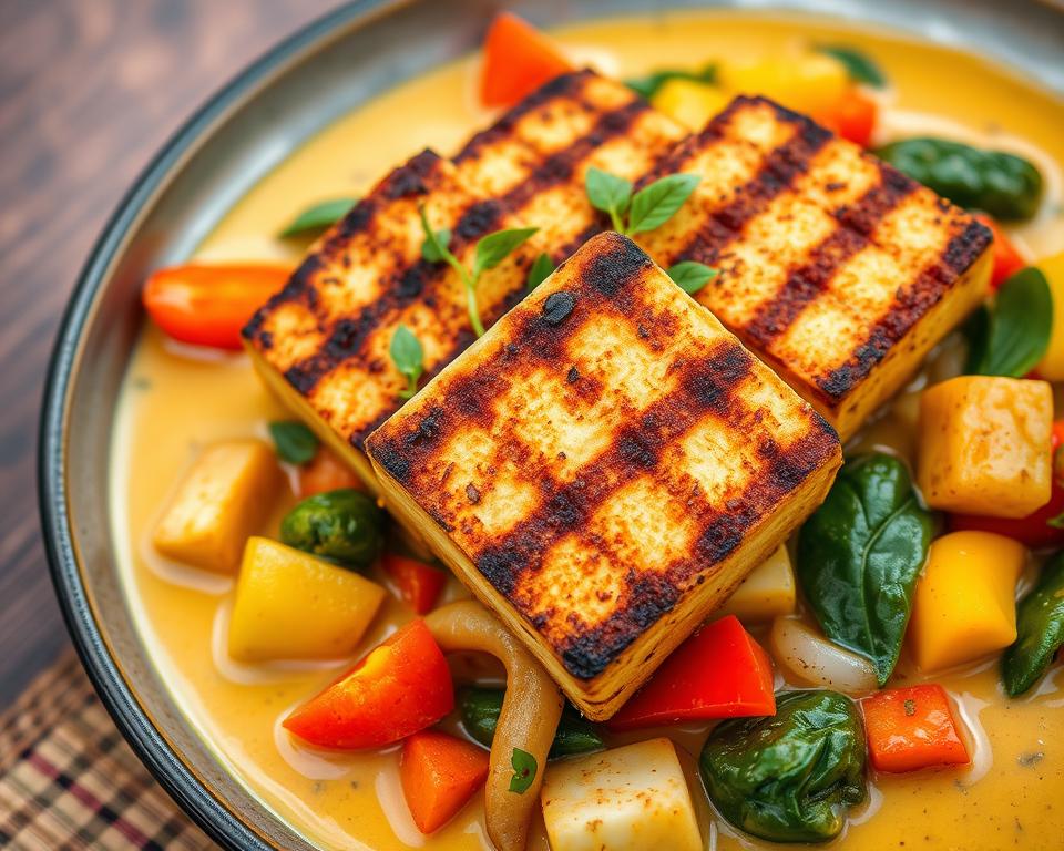 Tofu Grelhado com Legumes ao Curry Tofu Grelhado com Legumes ao Curry