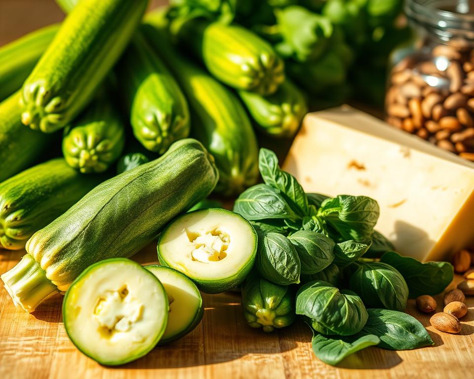 ingredientes para macarrão de abobrinha ao pesto
