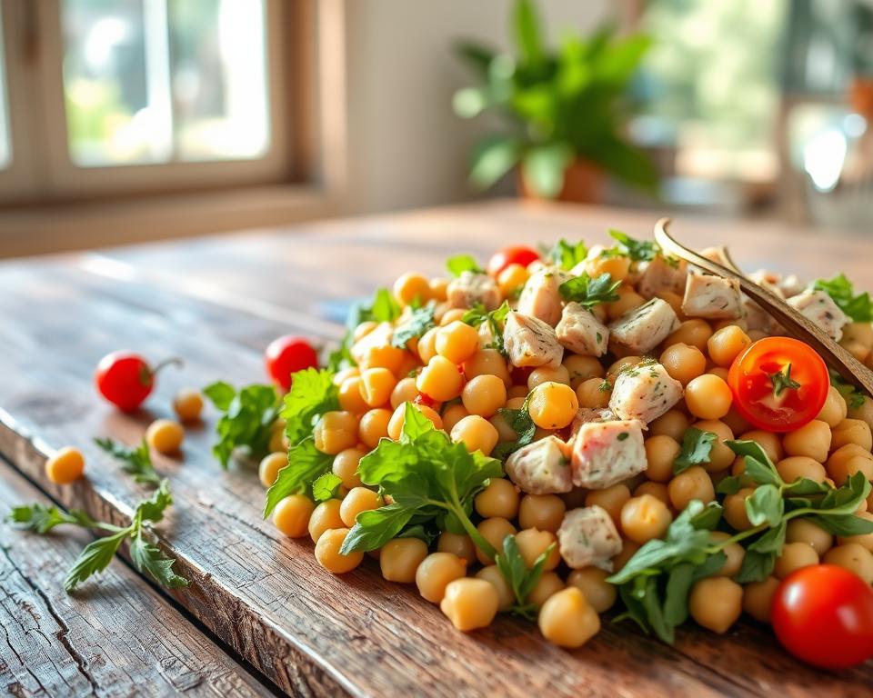 salada de grão-de-bico com atum